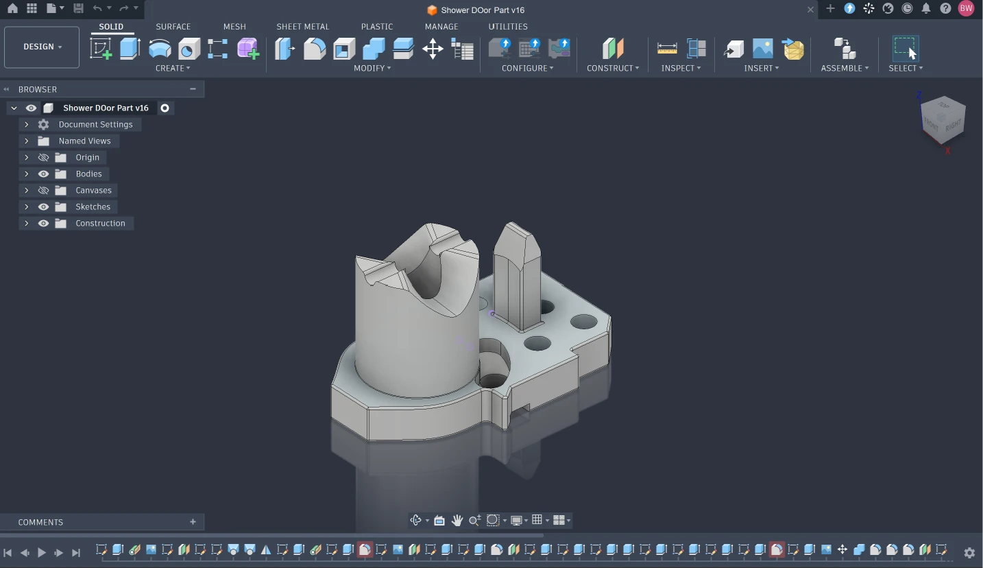 CAD-Modell des rekonstruierten Duschkabinenbauteils, keine Fotografie des fertigen Ersatzteils