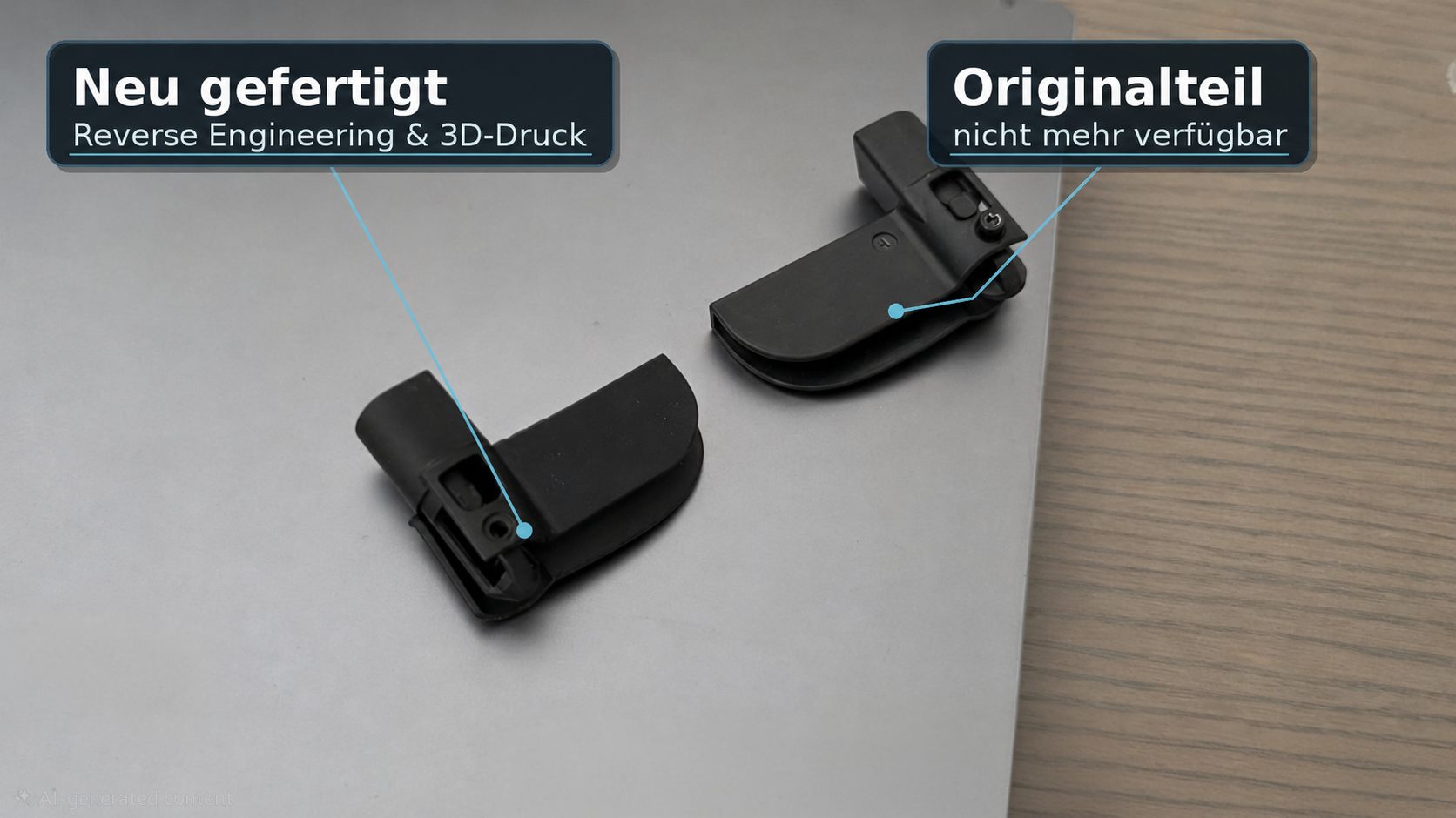Neu gefertigtes 3D-Druck Ersatzteil neben einem nicht mehr verfügbaren Originalteil